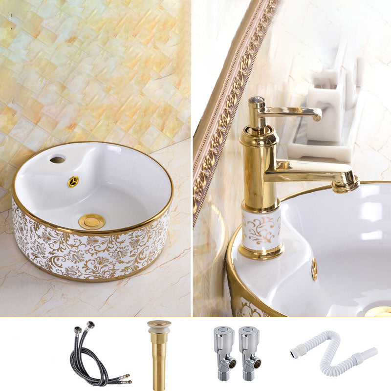Traditional Vessel Sink Porcelain with Pop-Up Drain and Faucet Vessel Lavatory Sink 14"L x 14"W x 5"H Gold-White Sink with Faucet Clearhalo 'Bathroom Remodel & Bathroom Fixtures' 'Bathroom Sinks & Faucet Components' 'Bathroom Sinks' 'bathroom_sink' 'Home Improvement' 'home_improvement' 'home_improvement_bathroom_sink' 7253561