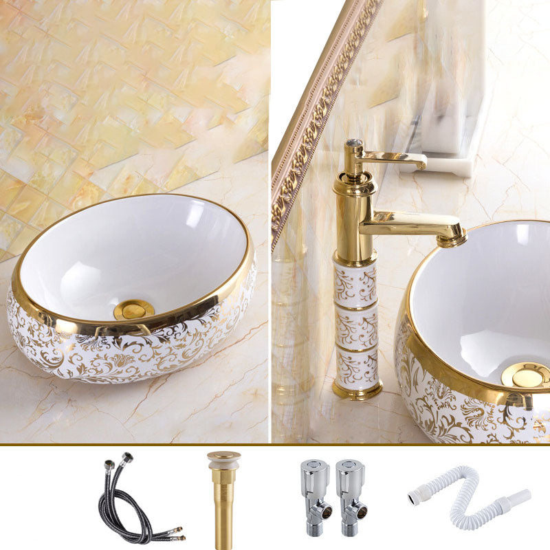 Traditional Vessel Sink Oval Porcelain with Pop-Up Drain and Faucet Vessel Lavatory Sink 16"L x 12"W x 5"H Gold Sink with Faucet Clearhalo 'Bathroom Remodel & Bathroom Fixtures' 'Bathroom Sinks & Faucet Components' 'Bathroom Sinks' 'bathroom_sink' 'Home Improvement' 'home_improvement' 'home_improvement_bathroom_sink' 7253562