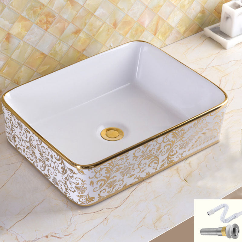 Traditional Vessel Sink Porcelain with Pop-Up Drain and Faucet Vessel Lavatory Sink 19"L x 15"W x 5"H White Gold Sink Clearhalo 'Bathroom Remodel & Bathroom Fixtures' 'Bathroom Sinks & Faucet Components' 'Bathroom Sinks' 'bathroom_sink' 'Home Improvement' 'home_improvement' 'home_improvement_bathroom_sink' 7253563