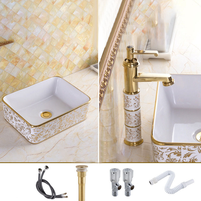 Traditional Vessel Sink Oval Porcelain with Pop-Up Drain and Faucet Vessel Lavatory Sink 16"L x 12"W x 5"H White/ Gold Sink with Faucet Clearhalo 'Bathroom Remodel & Bathroom Fixtures' 'Bathroom Sinks & Faucet Components' 'Bathroom Sinks' 'bathroom_sink' 'Home Improvement' 'home_improvement' 'home_improvement_bathroom_sink' 7253564