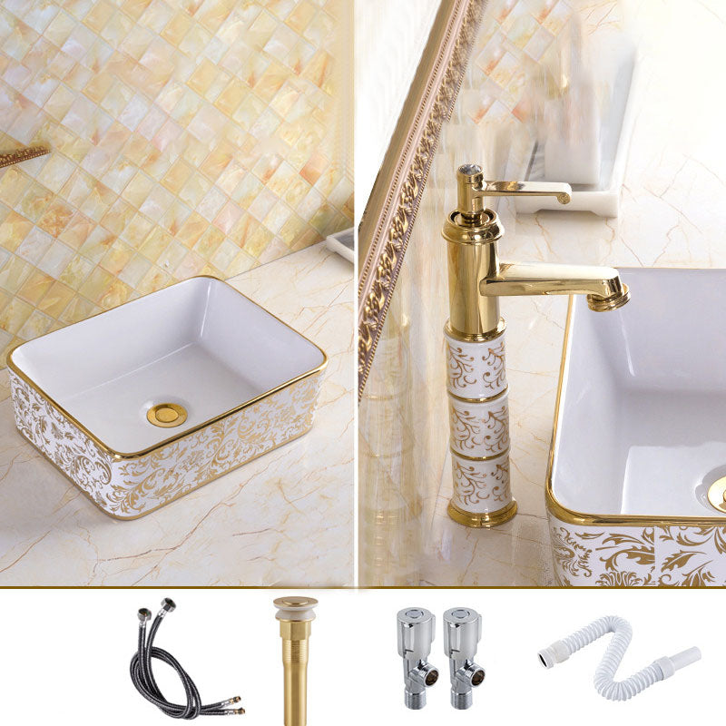 Traditional Vessel Sink Porcelain with Pop-Up Drain and Faucet Vessel Lavatory Sink 16"L x 12"W x 5"H White Gold Sink with Faucet Clearhalo 'Bathroom Remodel & Bathroom Fixtures' 'Bathroom Sinks & Faucet Components' 'Bathroom Sinks' 'bathroom_sink' 'Home Improvement' 'home_improvement' 'home_improvement_bathroom_sink' 7253564