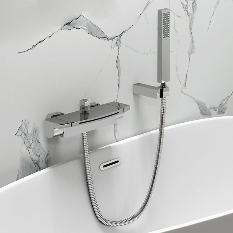 Modern Tub Filler Copper Wall Mounted with Hand Shower Waterfall Tub Spout Trim Chrome Waterfall & Handheld Shower Clearhalo 'Bathroom Remodel & Bathroom Fixtures' 'Bathtub Faucets' 'bathtub_faucets' 'Home Improvement' 'home_improvement' 'home_improvement_bathtub_faucets' 7254070