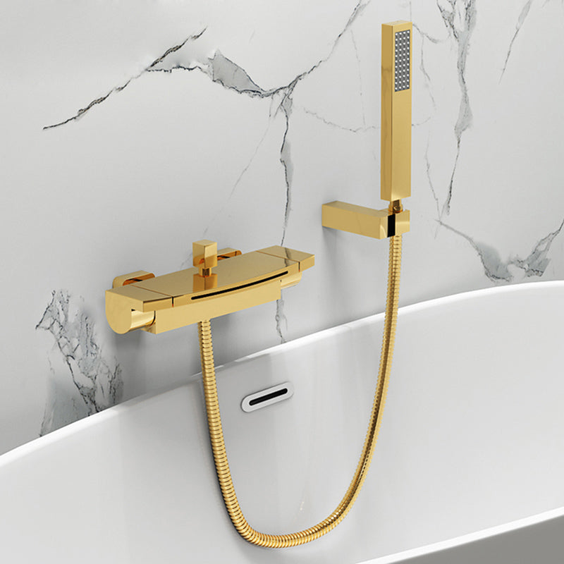 Modern Tub Filler Copper Wall Mounted with Hand Shower Waterfall Tub Spout Trim Gold Waterfall & Handheld Shower Clearhalo 'Bathroom Remodel & Bathroom Fixtures' 'Bathtub Faucets' 'bathtub_faucets' 'Home Improvement' 'home_improvement' 'home_improvement_bathtub_faucets' 7254071
