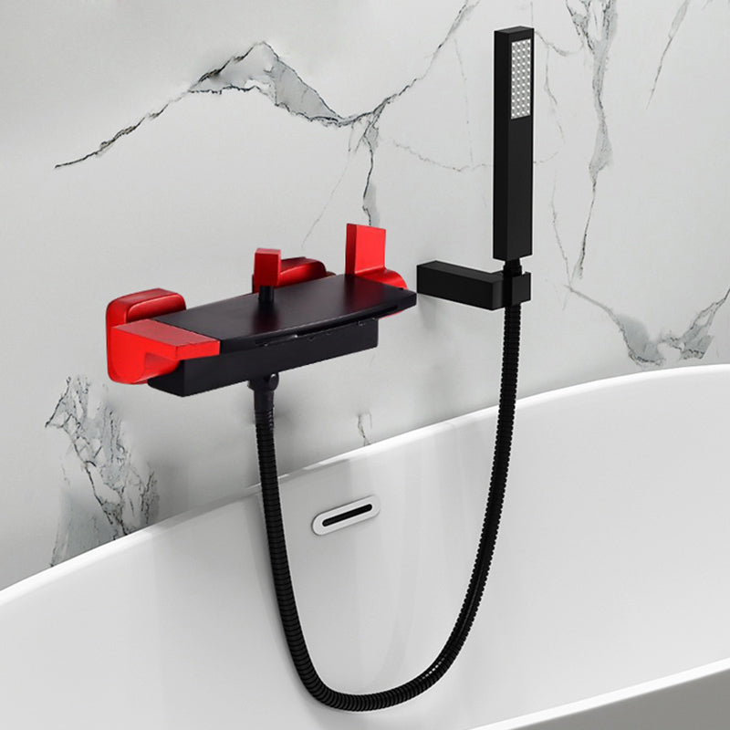 Modern Tub Filler Copper Wall Mounted with Hand Shower Waterfall Tub Spout Trim Black-Red Waterfall & Handheld Shower Clearhalo 'Bathroom Remodel & Bathroom Fixtures' 'Bathtub Faucets' 'bathtub_faucets' 'Home Improvement' 'home_improvement' 'home_improvement_bathtub_faucets' 7254072