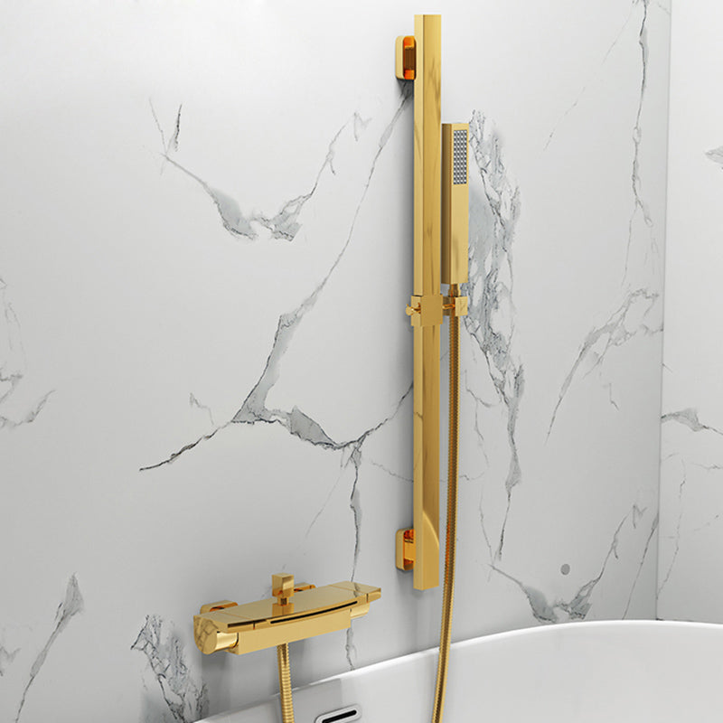 Modern Tub Filler Copper Wall Mounted with Hand Shower Waterfall Tub Spout Trim Gold Waterfall & Lifting Risers & Handheld Shower Clearhalo 'Bathroom Remodel & Bathroom Fixtures' 'Bathtub Faucets' 'bathtub_faucets' 'Home Improvement' 'home_improvement' 'home_improvement_bathtub_faucets' 7254076