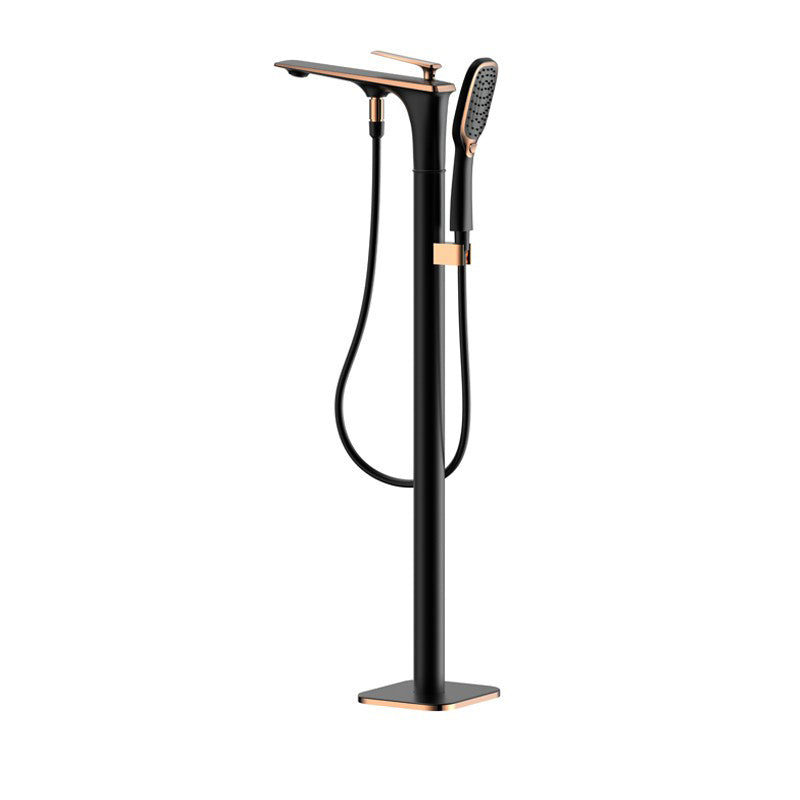 Modern Freestanding Tub Filler Trim Copper with Hand Shower Floor Mount Tub Filler Black-Gold Gooseneck Clearhalo 'Bathroom Remodel & Bathroom Fixtures' 'Bathtub Faucets' 'bathtub_faucets' 'Home Improvement' 'home_improvement' 'home_improvement_bathtub_faucets' 7254083