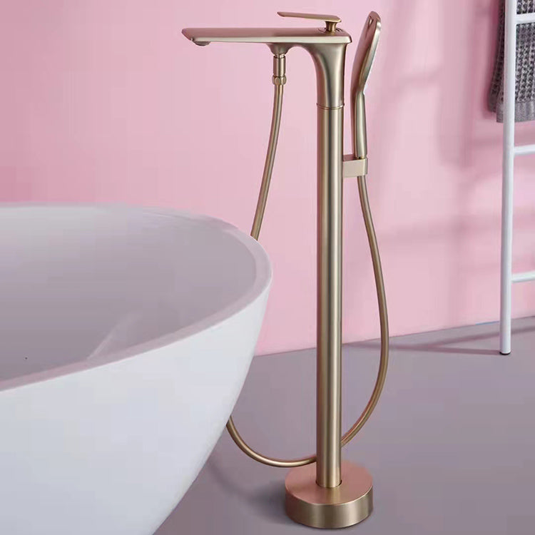 Modern Freestanding Tub Filler Trim Copper with Hand Shower Floor Mount Tub Filler Clearhalo 'Bathroom Remodel & Bathroom Fixtures' 'Bathtub Faucets' 'bathtub_faucets' 'Home Improvement' 'home_improvement' 'home_improvement_bathtub_faucets' 7254084