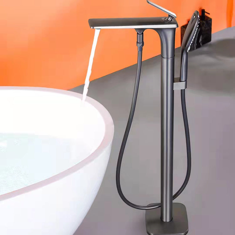 Modern Freestanding Tub Filler Trim Copper with Hand Shower Floor Mount Tub Filler Clearhalo 'Bathroom Remodel & Bathroom Fixtures' 'Bathtub Faucets' 'bathtub_faucets' 'Home Improvement' 'home_improvement' 'home_improvement_bathtub_faucets' 7254088