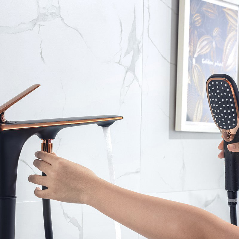 Modern Freestanding Tub Filler Trim Copper with Hand Shower Floor Mount Tub Filler Clearhalo 'Bathroom Remodel & Bathroom Fixtures' 'Bathtub Faucets' 'bathtub_faucets' 'Home Improvement' 'home_improvement' 'home_improvement_bathtub_faucets' 7254092