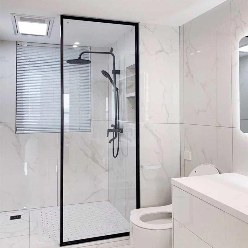 White Shower Bath Door Framed Single Fixed Clear Shower Door Black Clear Glass Clearhalo 'Bathroom Remodel & Bathroom Fixtures' 'Home Improvement' 'home_improvement' 'home_improvement_shower_tub_doors' 'Shower and Tub Doors' 'shower_tub_doors' 'Showers & Bathtubs' 7254648