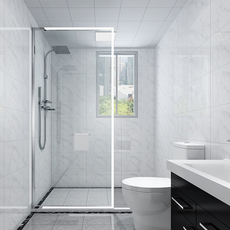 White Shower Bath Door Framed Single Fixed Clear Shower Door Silver Clear Glass Clearhalo 'Bathroom Remodel & Bathroom Fixtures' 'Home Improvement' 'home_improvement' 'home_improvement_shower_tub_doors' 'Shower and Tub Doors' 'shower_tub_doors' 'Showers & Bathtubs' 7254651