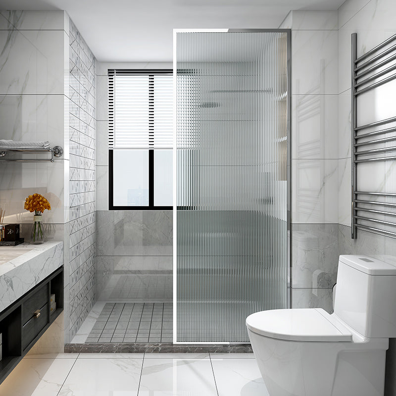 White Shower Bath Door Framed Single Fixed Clear Shower Door Silver Fluted Glass Clearhalo 'Bathroom Remodel & Bathroom Fixtures' 'Home Improvement' 'home_improvement' 'home_improvement_shower_tub_doors' 'Shower and Tub Doors' 'shower_tub_doors' 'Showers & Bathtubs' 7254653