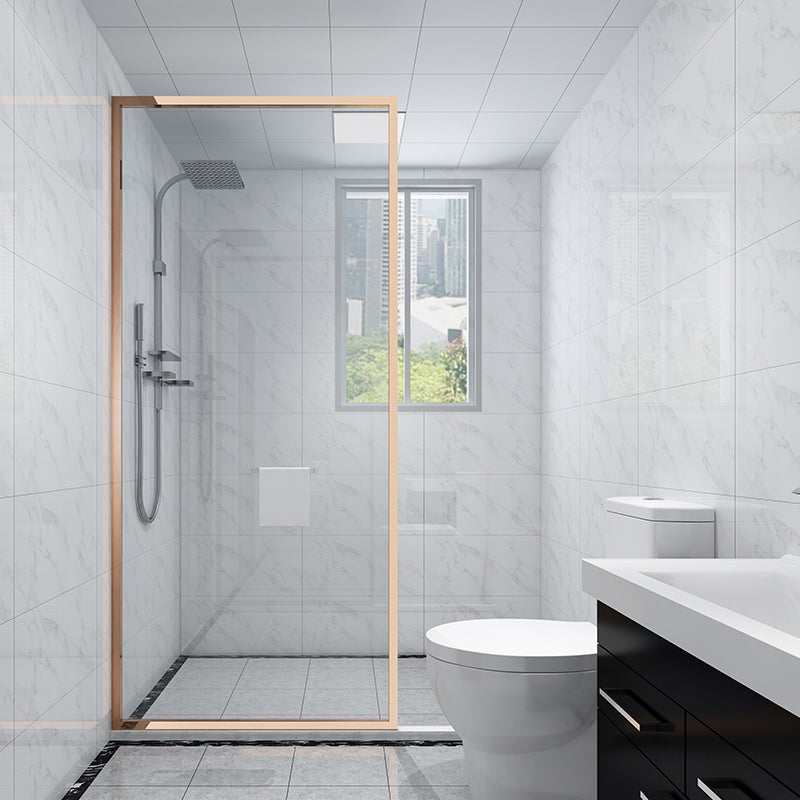 White Shower Bath Door Framed Single Fixed Clear Shower Door Gold Clear Glass Clearhalo 'Bathroom Remodel & Bathroom Fixtures' 'Home Improvement' 'home_improvement' 'home_improvement_shower_tub_doors' 'Shower and Tub Doors' 'shower_tub_doors' 'Showers & Bathtubs' 7254655