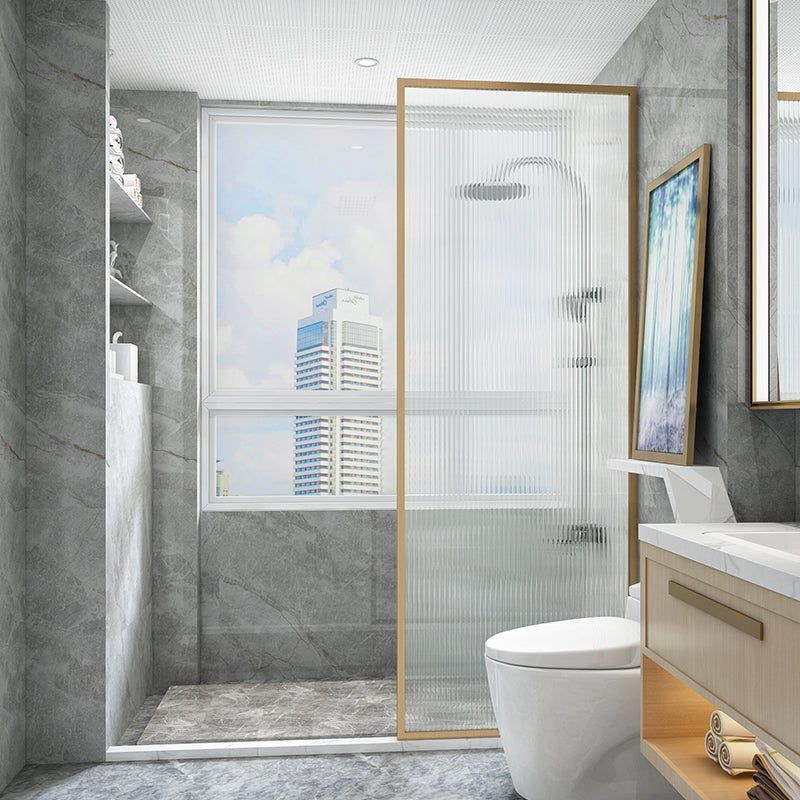 White Shower Bath Door Framed Single Fixed Clear Shower Door Gold Fluted Glass Clearhalo 'Bathroom Remodel & Bathroom Fixtures' 'Home Improvement' 'home_improvement' 'home_improvement_shower_tub_doors' 'Shower and Tub Doors' 'shower_tub_doors' 'Showers & Bathtubs' 7254657