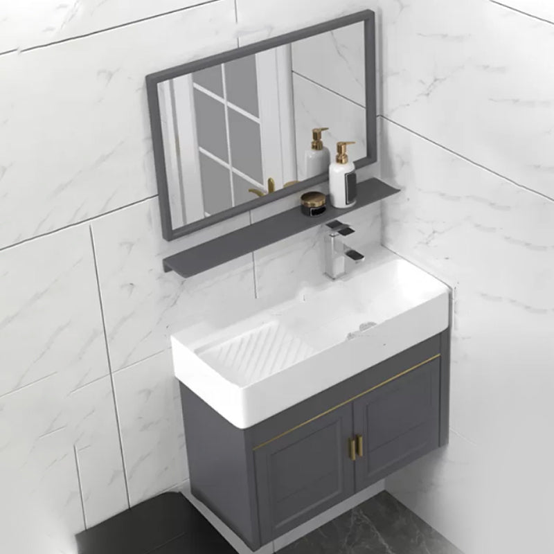 Modern Single Bath Vanity Wall Mount Ceramic Top Bathroom Vanity Vanity & Faucet & Mirrors 28"L x 12"W x 20"H Right Clearhalo 'Bathroom Remodel & Bathroom Fixtures' 'Bathroom Vanities' 'bathroom_vanities' 'Home Improvement' 'home_improvement' 'home_improvement_bathroom_vanities' 7256296