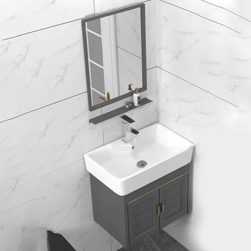 Modern Single Bath Vanity Wall Mount Ceramic Top Bathroom Vanity Vanity & Faucet & Mirrors 19"L x 14"W x 19"H Mid Clearhalo 'Bathroom Remodel & Bathroom Fixtures' 'Bathroom Vanities' 'bathroom_vanities' 'Home Improvement' 'home_improvement' 'home_improvement_bathroom_vanities' 7256312