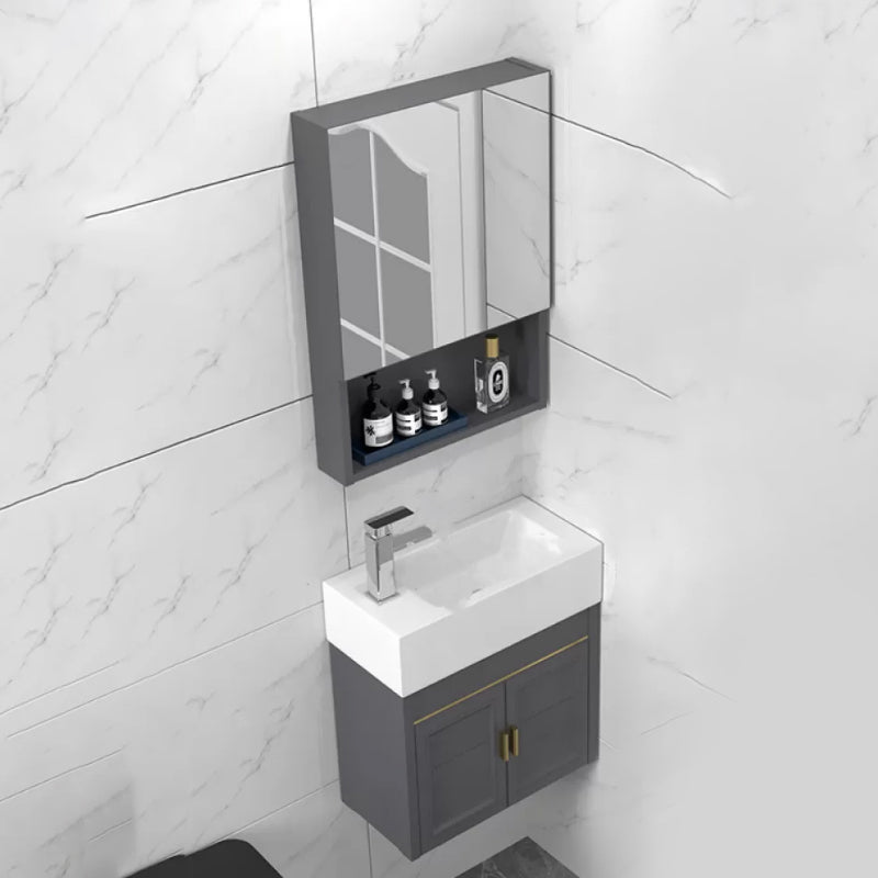 Modern Single Bath Vanity Wall Mount Ceramic Top Bathroom Vanity Vanity & Faucet & Mirror Cabinet 19.7"L x 9.8"W x 20.9"H Left Clearhalo 'Bathroom Remodel & Bathroom Fixtures' 'Bathroom Vanities' 'bathroom_vanities' 'Home Improvement' 'home_improvement' 'home_improvement_bathroom_vanities' 7256314