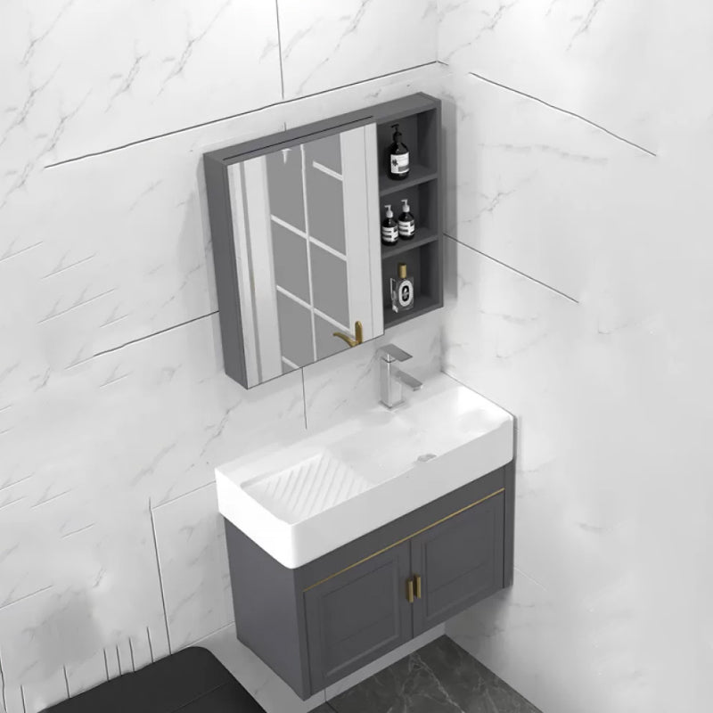 Modern Single Bath Vanity Wall Mount Ceramic Top Bathroom Vanity Vanity & Faucet & Mirror Cabinet 28"L x 12"W x 20"H Right Clearhalo 'Bathroom Remodel & Bathroom Fixtures' 'Bathroom Vanities' 'bathroom_vanities' 'Home Improvement' 'home_improvement' 'home_improvement_bathroom_vanities' 7256318