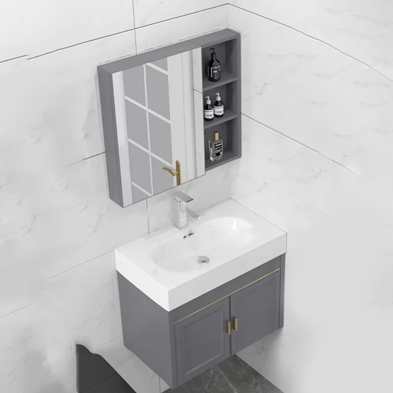 Modern Single Bath Vanity Wall Mount Ceramic Top Bathroom Vanity Vanity & Faucet & Mirror Cabinet 24"L x 14"W x 19"H Mid Clearhalo 'Bathroom Remodel & Bathroom Fixtures' 'Bathroom Vanities' 'bathroom_vanities' 'Home Improvement' 'home_improvement' 'home_improvement_bathroom_vanities' 7256323