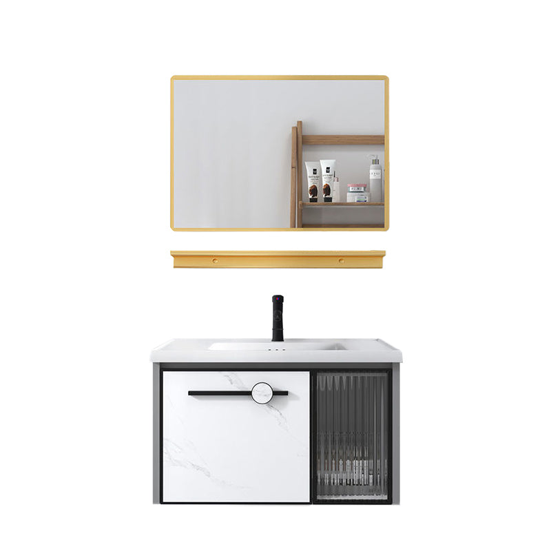 Modern Single Sink Bathroom Vanity White Glass Rectangular Wall Mount Bath Vanity Vanity & Faucet & Mirrors 27.6"L x 13.8"W x 17.7"H Clearhalo 'Bathroom Remodel & Bathroom Fixtures' 'Bathroom Vanities' 'bathroom_vanities' 'Home Improvement' 'home_improvement' 'home_improvement_bathroom_vanities' 7257091