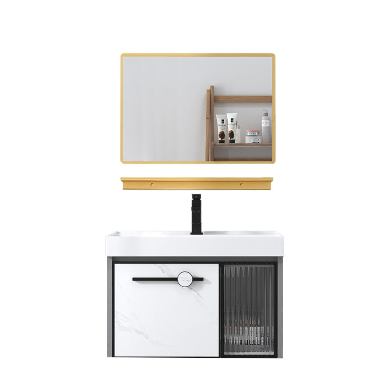 Modern Single Sink Bathroom Vanity White Glass Rectangular Wall Mount Bath Vanity Vanity & Faucet & Mirrors 28"L x 14"W x 19"H Clearhalo 'Bathroom Remodel & Bathroom Fixtures' 'Bathroom Vanities' 'bathroom_vanities' 'Home Improvement' 'home_improvement' 'home_improvement_bathroom_vanities' 7257101