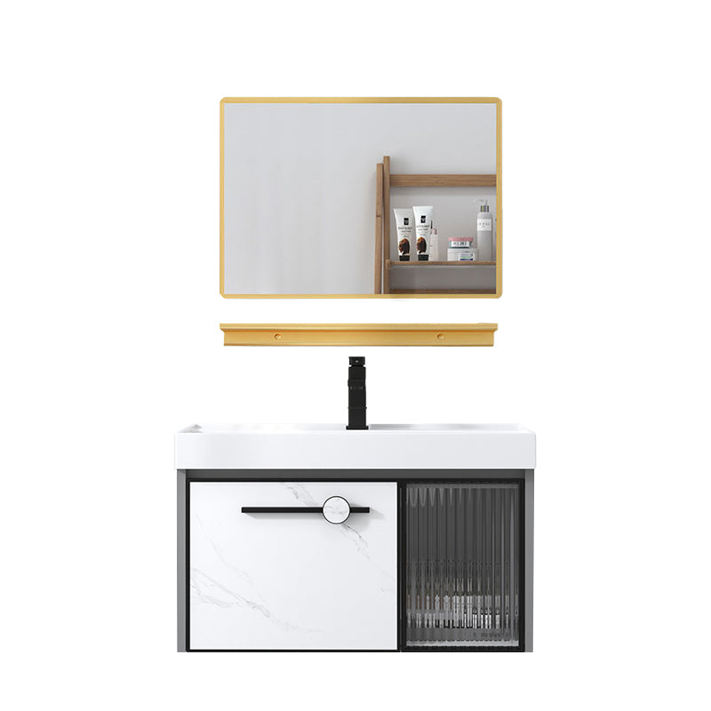 Modern Single Sink Bathroom Vanity White Glass Rectangular Wall Mount Bath Vanity Vanity & Faucet & Mirrors 32"L x 14"W x 19"H Clearhalo 'Bathroom Remodel & Bathroom Fixtures' 'Bathroom Vanities' 'bathroom_vanities' 'Home Improvement' 'home_improvement' 'home_improvement_bathroom_vanities' 7257102