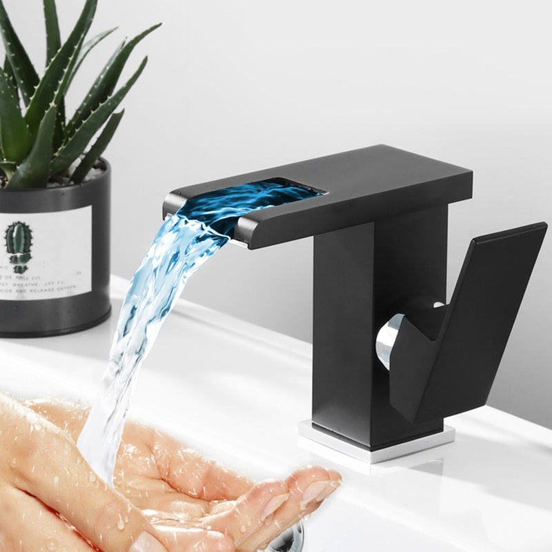 Contemporary Square Vessel Faucet Waterfall Spout with LED Three-Color Light Clearhalo 'Bathroom Remodel & Bathroom Fixtures' 'Bathroom Sink Faucets' 'Bathroom Sinks & Faucet Components' 'bathroom_sink_faucets' 'Home Improvement' 'home_improvement' 'home_improvement_bathroom_sink_faucets' 7260064