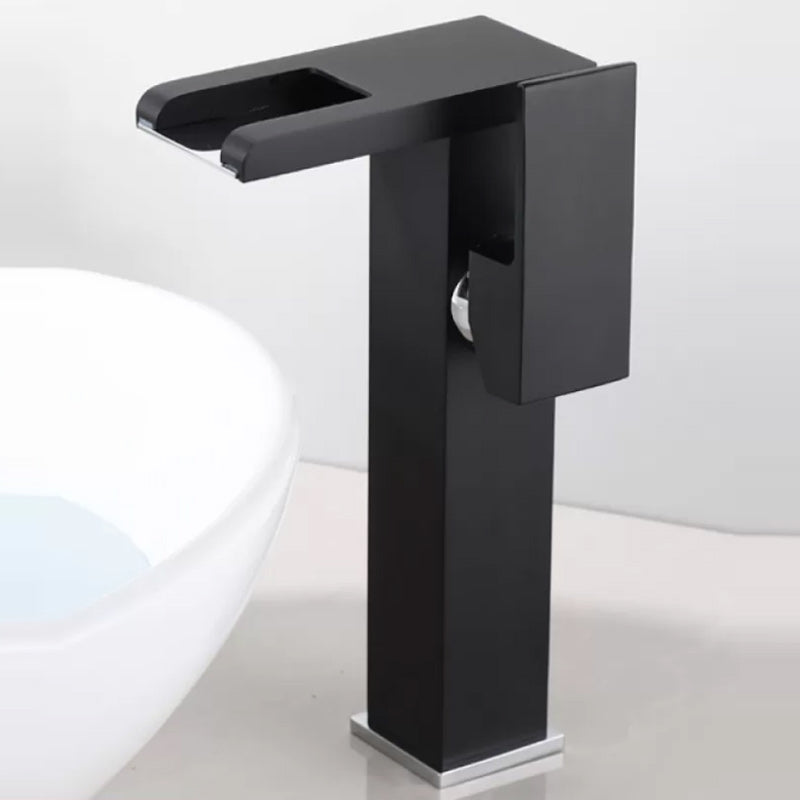 Contemporary Square Vessel Faucet Waterfall Spout with LED Three-Color Light Black Tall Clearhalo 'Bathroom Remodel & Bathroom Fixtures' 'Bathroom Sink Faucets' 'Bathroom Sinks & Faucet Components' 'bathroom_sink_faucets' 'Home Improvement' 'home_improvement' 'home_improvement_bathroom_sink_faucets' 7260072