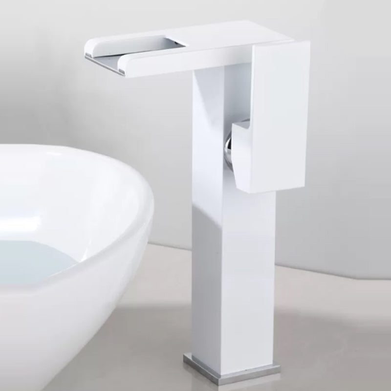 Contemporary Square Vessel Faucet Waterfall Spout with LED Three-Color Light White Tall Clearhalo 'Bathroom Remodel & Bathroom Fixtures' 'Bathroom Sink Faucets' 'Bathroom Sinks & Faucet Components' 'bathroom_sink_faucets' 'Home Improvement' 'home_improvement' 'home_improvement_bathroom_sink_faucets' 7260074