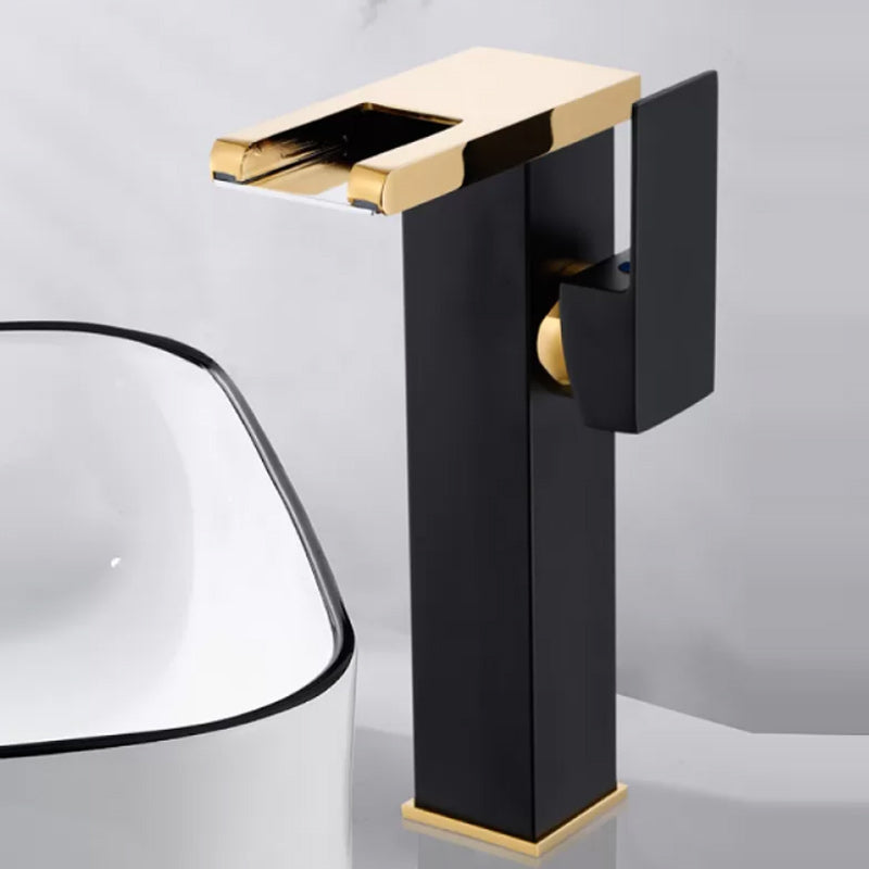 Contemporary Square Vessel Faucet Waterfall Spout with LED Three-Color Light Black-Gold Tall Clearhalo 'Bathroom Remodel & Bathroom Fixtures' 'Bathroom Sink Faucets' 'Bathroom Sinks & Faucet Components' 'bathroom_sink_faucets' 'Home Improvement' 'home_improvement' 'home_improvement_bathroom_sink_faucets' 7260078