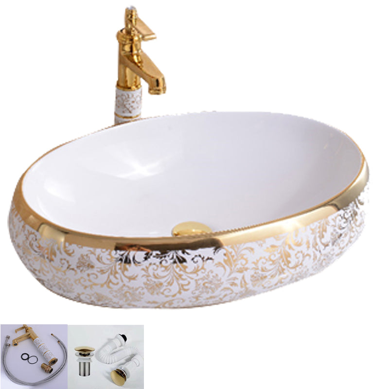 Traditional Vessel Bathroom Sink Oval Porcelain with Overflow Vessel 23.6"L x 15.7"W x 5.9"H Gold Sink with Faucet Clearhalo 'Bathroom Remodel & Bathroom Fixtures' 'Bathroom Sinks & Faucet Components' 'Bathroom Sinks' 'bathroom_sink' 'Home Improvement' 'home_improvement' 'home_improvement_bathroom_sink' 7260160