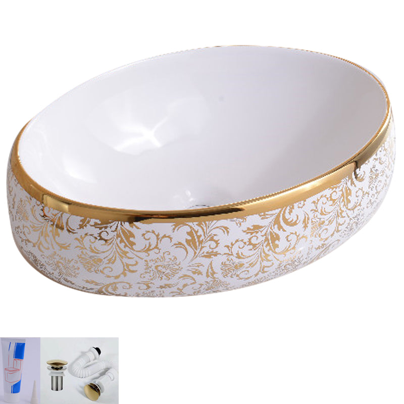Traditional Vessel Bathroom Sink Oval Porcelain with Overflow Vessel 19"L x 13"W x 6"H Gold Sink Clearhalo 'Bathroom Remodel & Bathroom Fixtures' 'Bathroom Sinks & Faucet Components' 'Bathroom Sinks' 'bathroom_sink' 'Home Improvement' 'home_improvement' 'home_improvement_bathroom_sink' 7260163