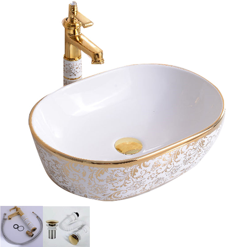 Traditional Vessel Bathroom Sink Oval Porcelain with Overflow Vessel 19"L x 13"W x 6"H Champagne Gold Sink with Faucet Clearhalo 'Bathroom Remodel & Bathroom Fixtures' 'Bathroom Sinks & Faucet Components' 'Bathroom Sinks' 'bathroom_sink' 'Home Improvement' 'home_improvement' 'home_improvement_bathroom_sink' 7260166