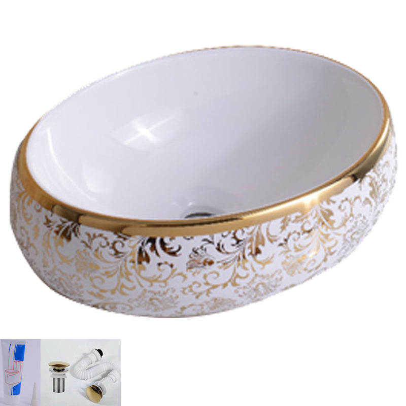 Traditional Vessel Bathroom Sink Oval Porcelain with Overflow Vessel 16"L x 12"W x 5"H Gold Sink Clearhalo 'Bathroom Remodel & Bathroom Fixtures' 'Bathroom Sinks & Faucet Components' 'Bathroom Sinks' 'bathroom_sink' 'Home Improvement' 'home_improvement' 'home_improvement_bathroom_sink' 7260169