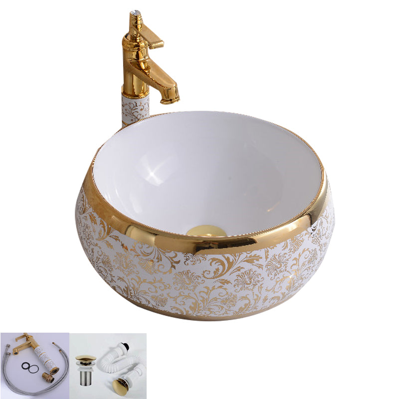 Traditional Vessel Bathroom Sink Oval Porcelain with Overflow Vessel 15.7"L x 15.7"W x 5.9"H Rose Gold Sink with Faucet Clearhalo 'Bathroom Remodel & Bathroom Fixtures' 'Bathroom Sinks & Faucet Components' 'Bathroom Sinks' 'bathroom_sink' 'Home Improvement' 'home_improvement' 'home_improvement_bathroom_sink' 7260174