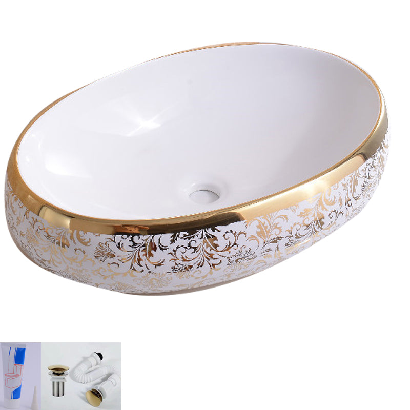Traditional Vessel Bathroom Sink Oval Porcelain with Overflow Vessel 23.6"L x 15.7"W x 5.9"H Gold Sink Clearhalo 'Bathroom Remodel & Bathroom Fixtures' 'Bathroom Sinks & Faucet Components' 'Bathroom Sinks' 'bathroom_sink' 'Home Improvement' 'home_improvement' 'home_improvement_bathroom_sink' 7260175