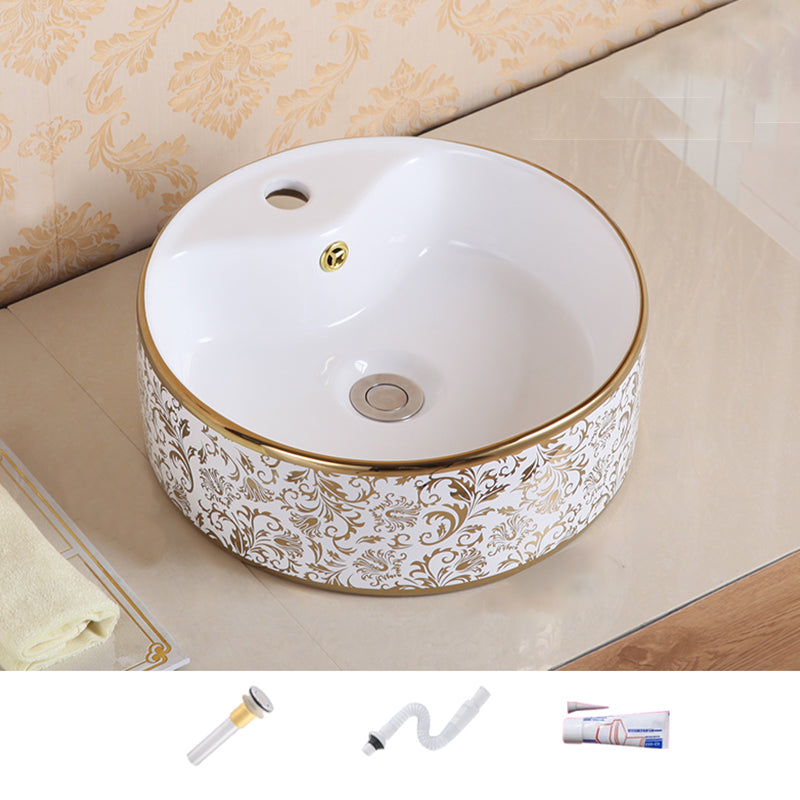 Traditional Vessel Sink Oval Porcelain with Pop-Up Drain Vessel Lavatory Sink 16"L x 16"W x 6"H White/ Gold Sink Clearhalo 'Bathroom Remodel & Bathroom Fixtures' 'Bathroom Sinks & Faucet Components' 'Bathroom Sinks' 'bathroom_sink' 'Home Improvement' 'home_improvement' 'home_improvement_bathroom_sink' 7260193
