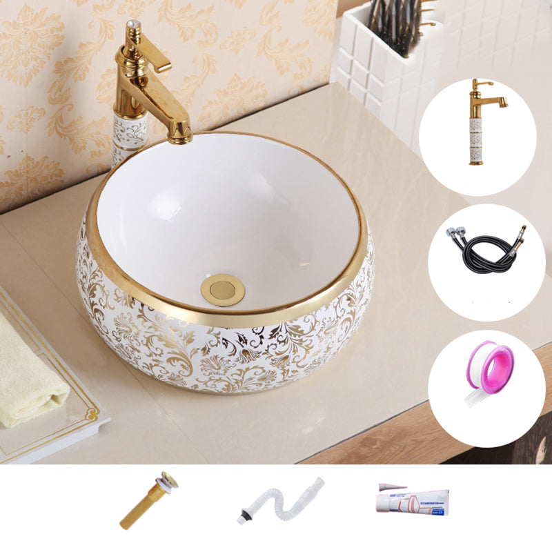 Traditional Vessel Sink Oval Porcelain with Pop-Up Drain Vessel Lavatory Sink 15.7"L x 15.7"W x 5.9"H Champagne Gold Sink with Faucet Clearhalo 'Bathroom Remodel & Bathroom Fixtures' 'Bathroom Sinks & Faucet Components' 'Bathroom Sinks' 'bathroom_sink' 'Home Improvement' 'home_improvement' 'home_improvement_bathroom_sink' 7260199
