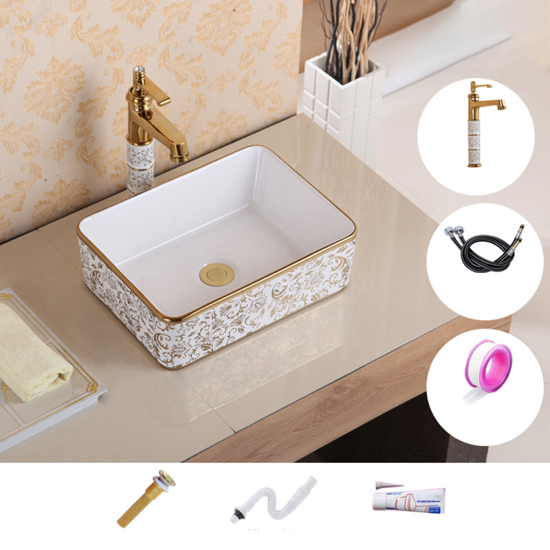 Traditional Vessel Sink Oval Porcelain with Pop-Up Drain Vessel Lavatory Sink 16"L x 12"W x 5"H Gold-White Sink with Faucet Clearhalo 'Bathroom Remodel & Bathroom Fixtures' 'Bathroom Sinks & Faucet Components' 'Bathroom Sinks' 'bathroom_sink' 'Home Improvement' 'home_improvement' 'home_improvement_bathroom_sink' 7260201