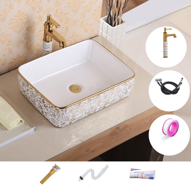 Traditional Vessel Sink Oval Porcelain with Pop-Up Drain Vessel Lavatory Sink 19"L x 15"W x 6"H Gold-White Sink with Faucet Clearhalo 'Bathroom Remodel & Bathroom Fixtures' 'Bathroom Sinks & Faucet Components' 'Bathroom Sinks' 'bathroom_sink' 'Home Improvement' 'home_improvement' 'home_improvement_bathroom_sink' 7260206