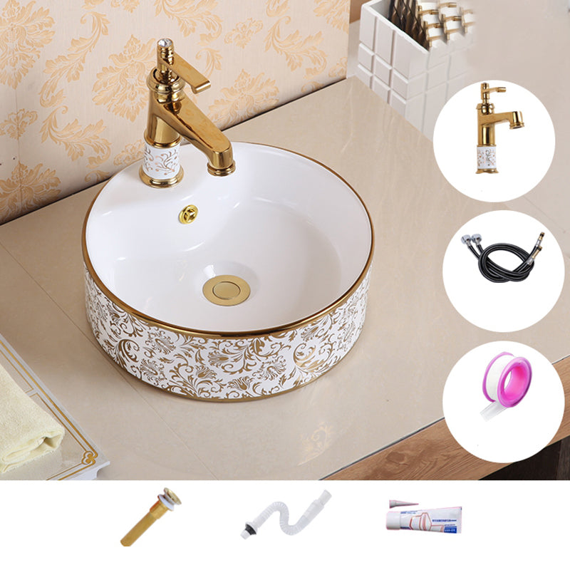 Traditional Vessel Sink Oval Porcelain with Pop-Up Drain Vessel Lavatory Sink 14"L x 14"W x 5"H White Gold Sink with Faucet Clearhalo 'Bathroom Remodel & Bathroom Fixtures' 'Bathroom Sinks & Faucet Components' 'Bathroom Sinks' 'bathroom_sink' 'Home Improvement' 'home_improvement' 'home_improvement_bathroom_sink' 7260208