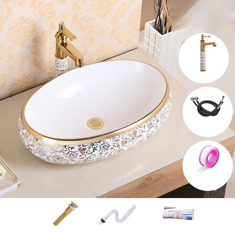 Traditional Vessel Sink Oval Porcelain with Pop-Up Drain Vessel Lavatory Sink 23.6"L x 15.7"W x 5.9"H Gold Sink with Faucet Clearhalo 'Bathroom Remodel & Bathroom Fixtures' 'Bathroom Sinks & Faucet Components' 'Bathroom Sinks' 'bathroom_sink' 'Home Improvement' 'home_improvement' 'home_improvement_bathroom_sink' 7260209