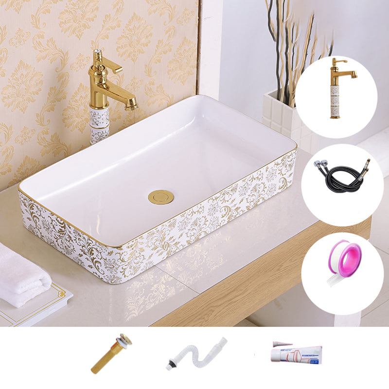 Traditional Vessel Sink Oval Porcelain with Pop-Up Drain Vessel Lavatory Sink 24"L x 14"W x 4"H Gold-White Sink with Faucet Clearhalo 'Bathroom Remodel & Bathroom Fixtures' 'Bathroom Sinks & Faucet Components' 'Bathroom Sinks' 'bathroom_sink' 'Home Improvement' 'home_improvement' 'home_improvement_bathroom_sink' 7260210