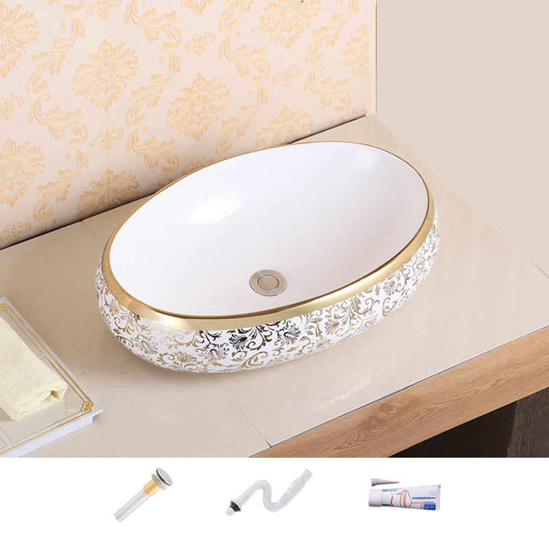 Traditional Vessel Sink Oval Porcelain with Pop-Up Drain Vessel Lavatory Sink 23.6"L x 15.7"W x 5.9"H Gold Sink Clearhalo 'Bathroom Remodel & Bathroom Fixtures' 'Bathroom Sinks & Faucet Components' 'Bathroom Sinks' 'bathroom_sink' 'Home Improvement' 'home_improvement' 'home_improvement_bathroom_sink' 7260211