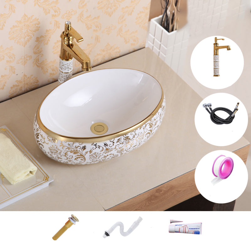 Traditional Vessel Sink Oval Porcelain with Pop-Up Drain Vessel Lavatory Sink 19"L x 13"W x 6"H Gold Sink with Faucet Clearhalo 'Bathroom Remodel & Bathroom Fixtures' 'Bathroom Sinks & Faucet Components' 'Bathroom Sinks' 'bathroom_sink' 'Home Improvement' 'home_improvement' 'home_improvement_bathroom_sink' 7260212