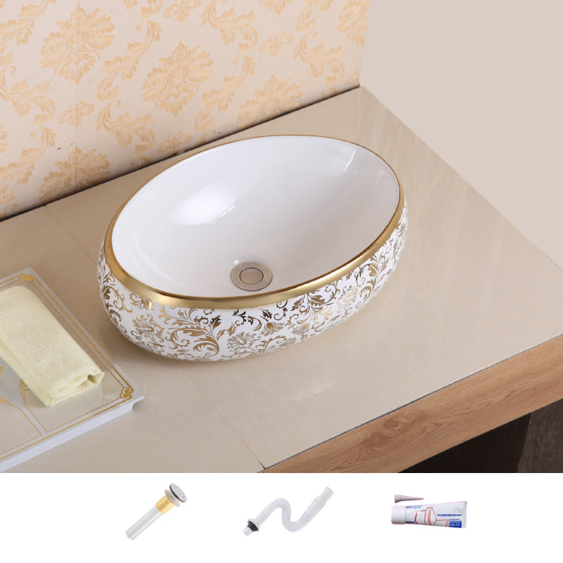 Traditional Vessel Sink Oval Porcelain with Pop-Up Drain Vessel Lavatory Sink 19"L x 13"W x 6"H Gold Sink Clearhalo 'Bathroom Remodel & Bathroom Fixtures' 'Bathroom Sinks & Faucet Components' 'Bathroom Sinks' 'bathroom_sink' 'Home Improvement' 'home_improvement' 'home_improvement_bathroom_sink' 7260214