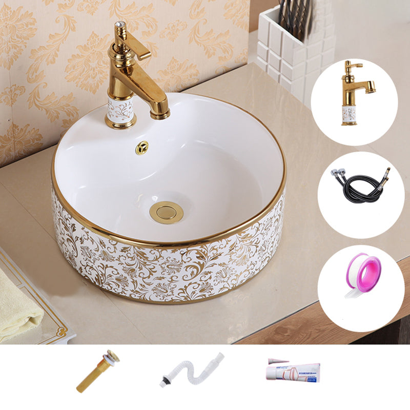 Traditional Vessel Sink Oval Porcelain with Pop-Up Drain Vessel Lavatory Sink 16"L x 16"W x 6"H White Gold Sink with Faucet Clearhalo 'Bathroom Remodel & Bathroom Fixtures' 'Bathroom Sinks & Faucet Components' 'Bathroom Sinks' 'bathroom_sink' 'Home Improvement' 'home_improvement' 'home_improvement_bathroom_sink' 7260215