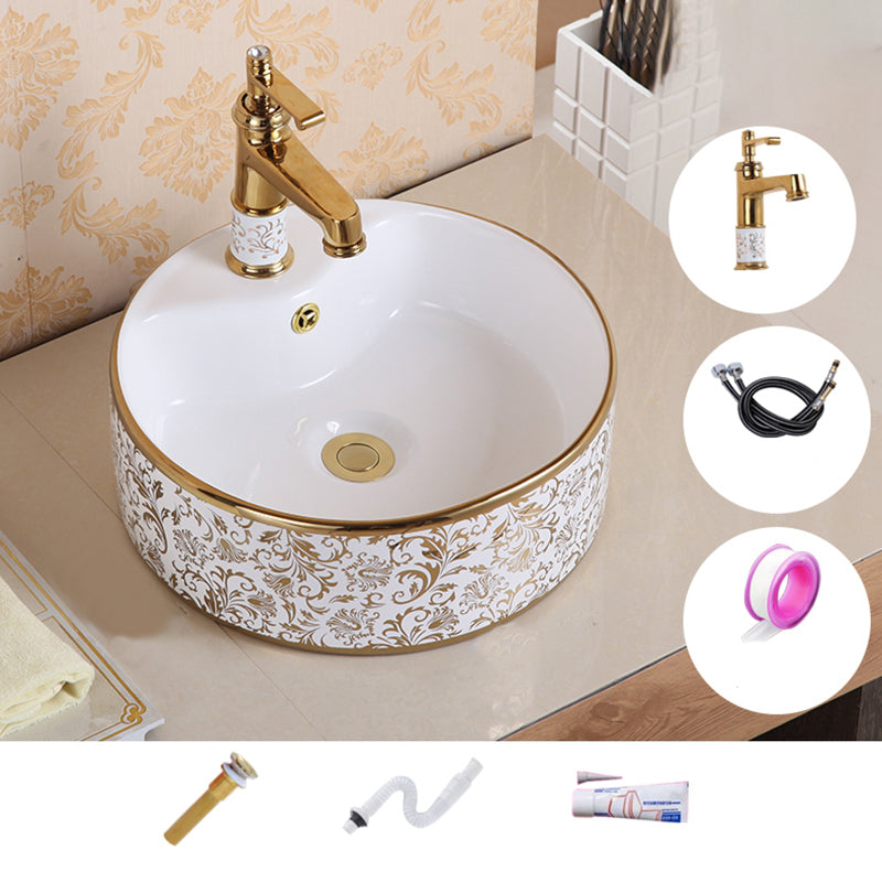 Traditional Vessel Sink Oval Porcelain with Pop-Up Drain Vessel Lavatory Sink 16"L x 16"W x 6"H White/ Gold Sink with Faucet Clearhalo 'Bathroom Remodel & Bathroom Fixtures' 'Bathroom Sinks & Faucet Components' 'Bathroom Sinks' 'bathroom_sink' 'Home Improvement' 'home_improvement' 'home_improvement_bathroom_sink' 7260215