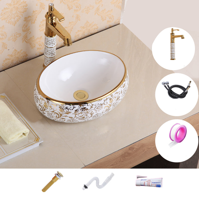 Traditional Vessel Sink Oval Porcelain with Pop-Up Drain Vessel Lavatory Sink 16"L x 12"W x 5"H Gold Sink with Faucet Clearhalo 'Bathroom Remodel & Bathroom Fixtures' 'Bathroom Sinks & Faucet Components' 'Bathroom Sinks' 'bathroom_sink' 'Home Improvement' 'home_improvement' 'home_improvement_bathroom_sink' 7260216