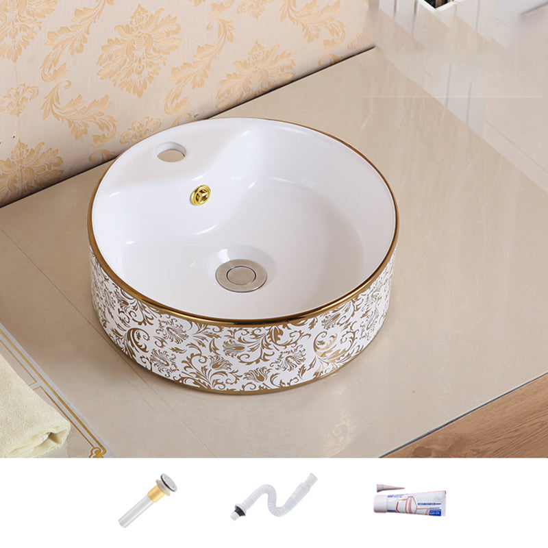Traditional Vessel Sink Oval Porcelain with Pop-Up Drain Vessel Lavatory Sink 14"L x 14"W x 5"H White/ Gold Sink Clearhalo 'Bathroom Remodel & Bathroom Fixtures' 'Bathroom Sinks & Faucet Components' 'Bathroom Sinks' 'bathroom_sink' 'Home Improvement' 'home_improvement' 'home_improvement_bathroom_sink' 7260218